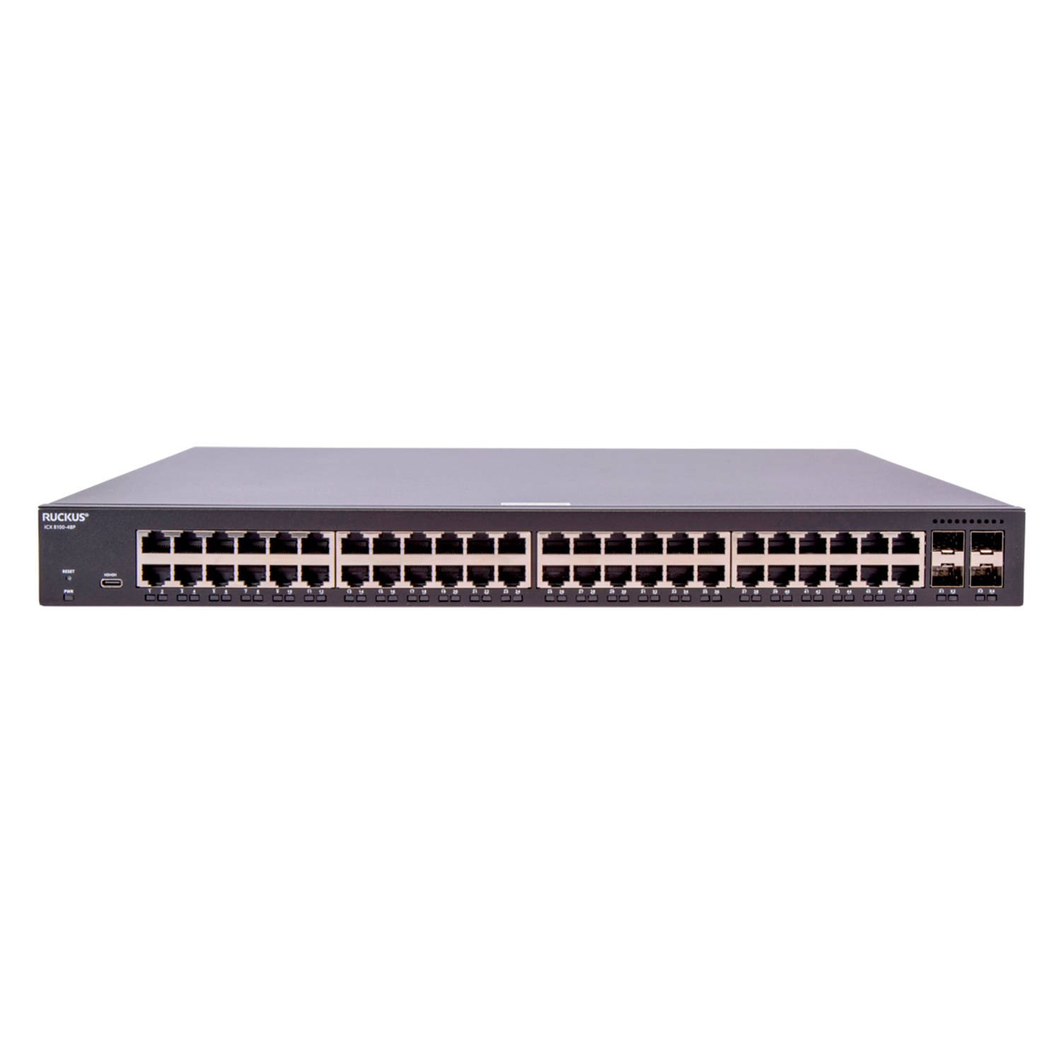 Switch Ruckus ICX8100-48PF-X, 48 portas PoE+, uplinks SFP+, alto desempenho
