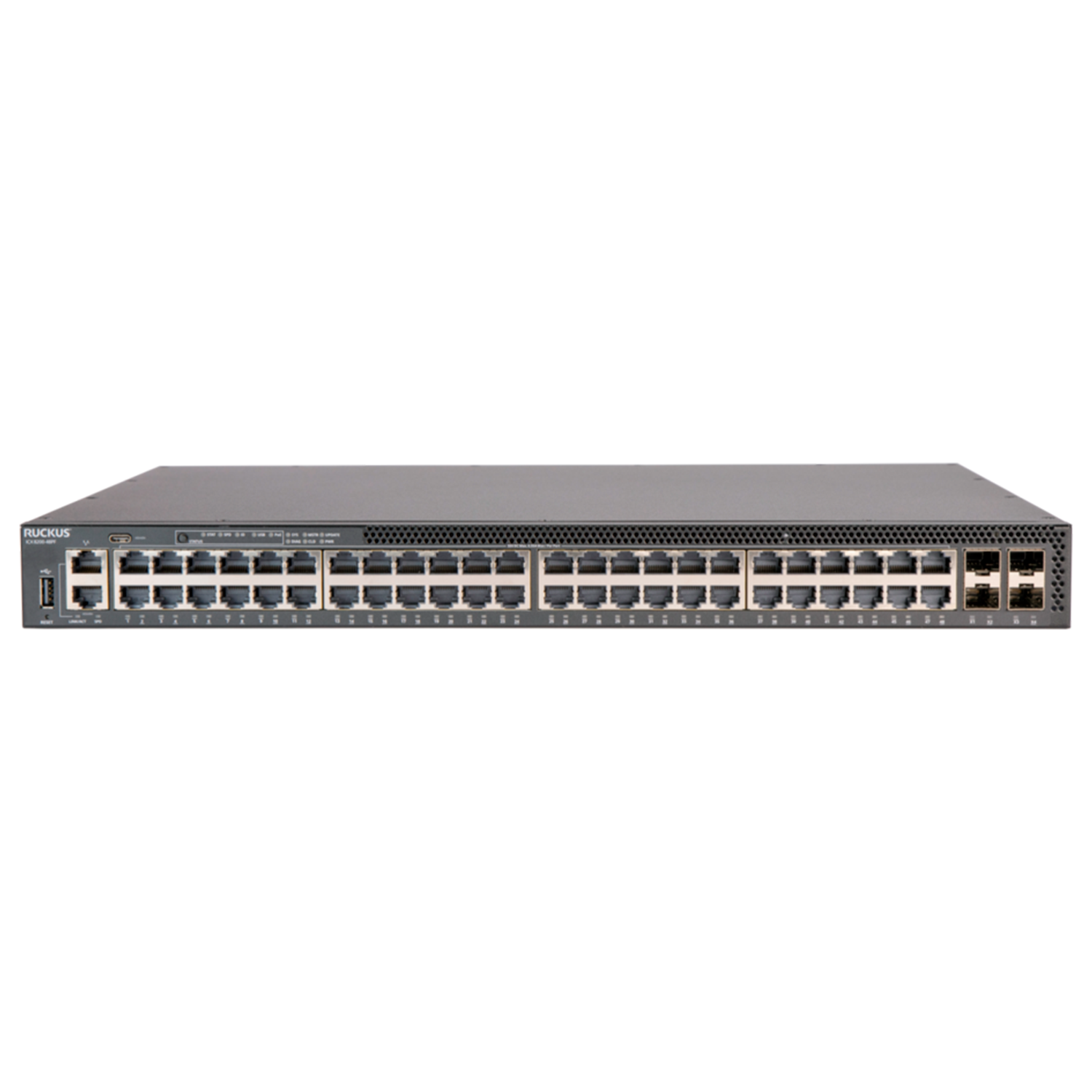 Switch Ruckus ICX8200-48PF, 48 portas PoE+, uplinks 25G SFP28, alto desempenho