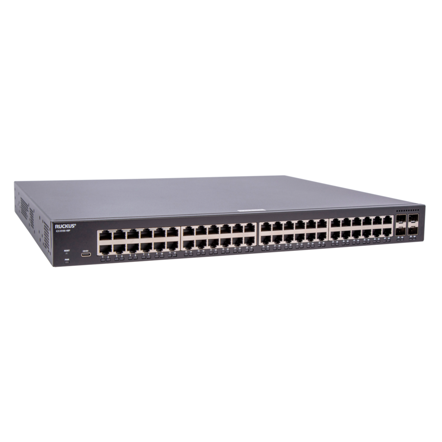Switch Ruckus ICX8100-48PF-X, 48 portas PoE+, uplinks SFP+, alto desempenho