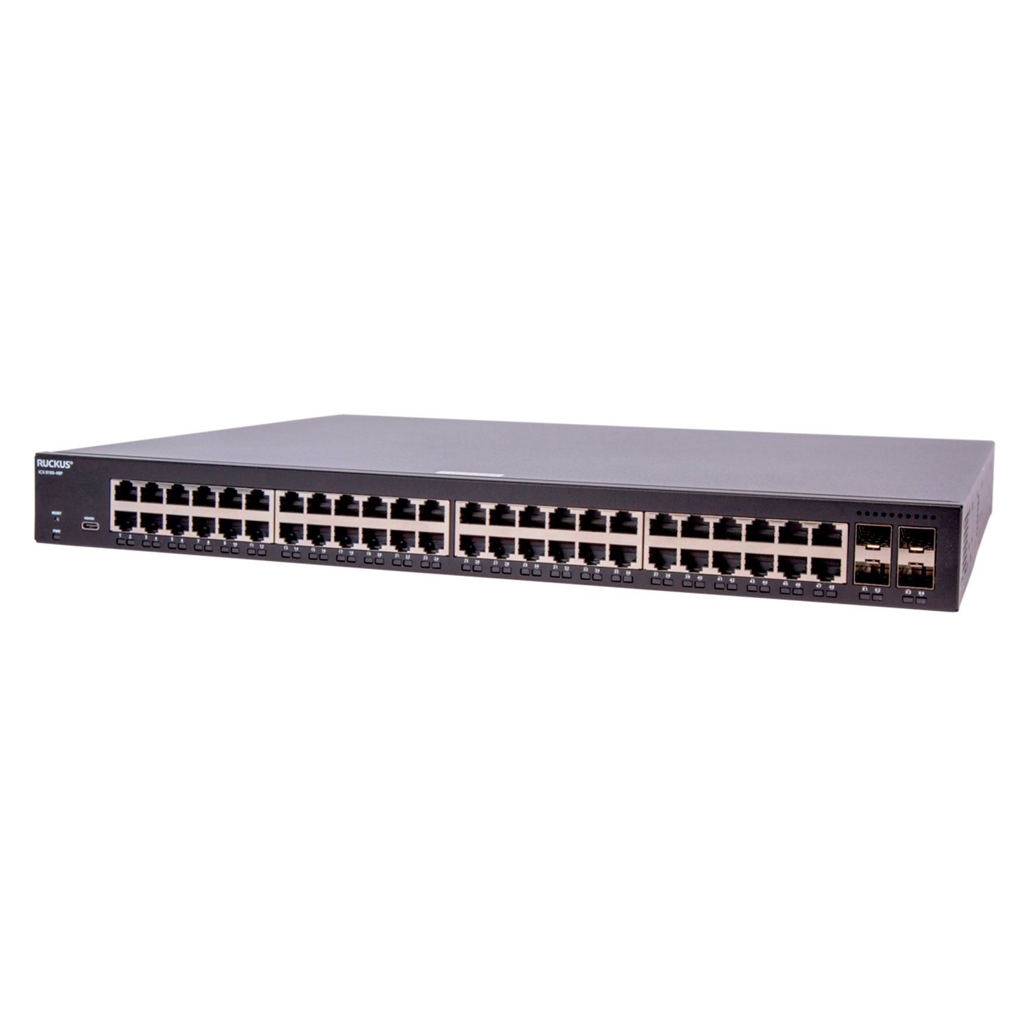 Switch Ruckus ICX8100-48PF-X, 48 portas PoE+, uplinks SFP+, alto desempenho
