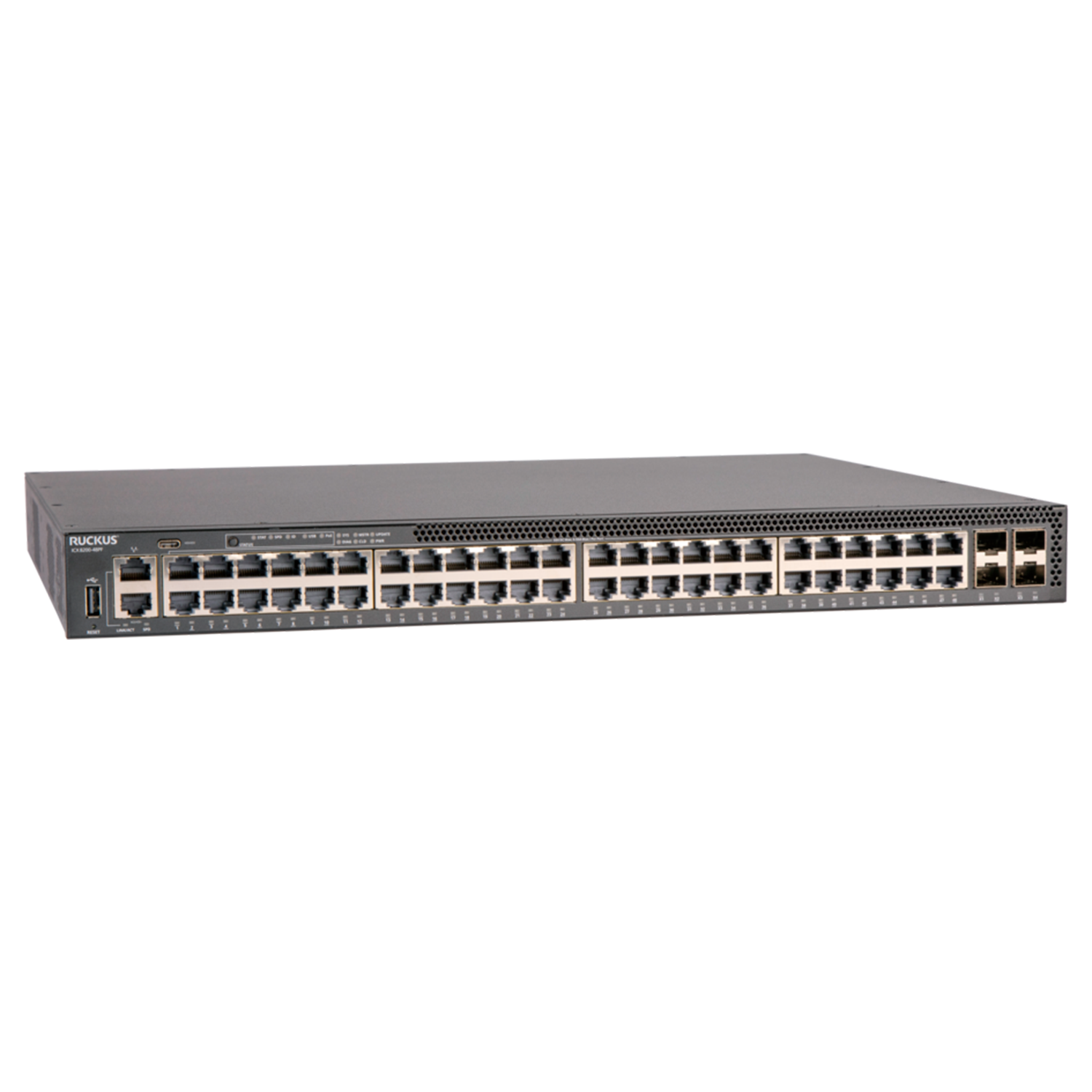 Switch Ruckus ICX8200-48PF, 48 portas PoE+, uplinks 25G SFP28, alto desempenho