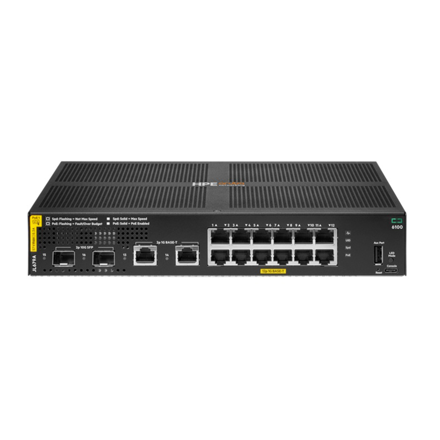 Switch Aruba 6100 12 Portas Gigabit Class4 PoE e 2 Portas SFP+ 139W